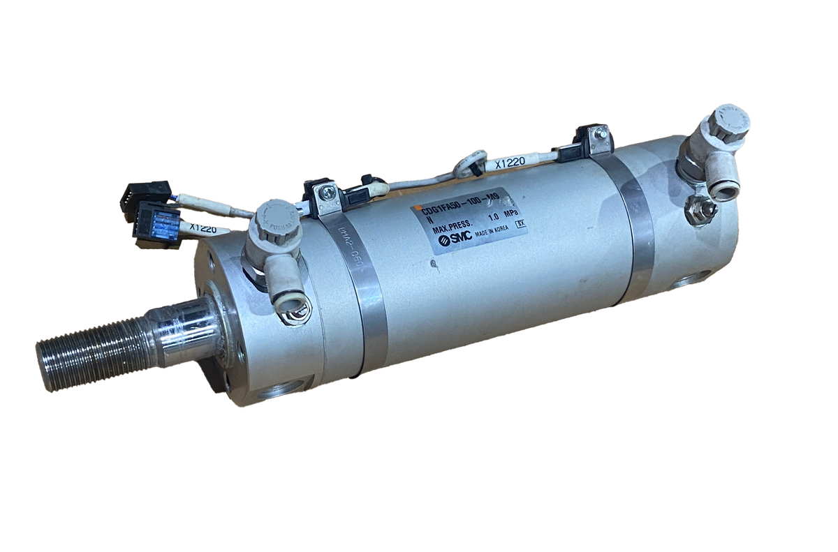 SMC cylinder CDG1FA50-100-M9, 50mm bore, 100mm stroke, D-M9N position sensors, AS2201F speed controllers