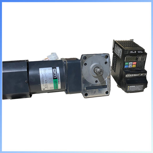 3G3MX2-A2001-V1 + 3G3AX-MX2-ECT + OM 3ph 60 W magnetic brake motor 5IK60GU-SWM + 5GU25RA 25:1 right angle gearbox